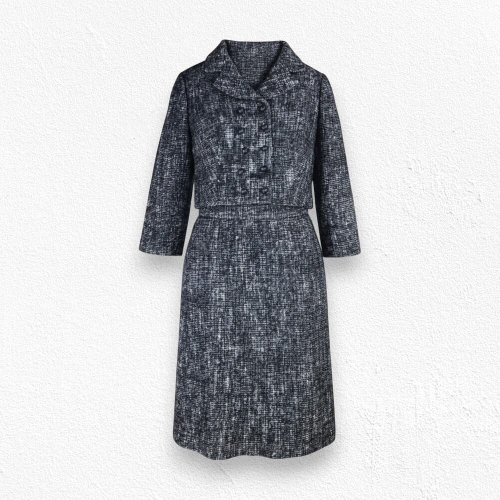 1950s Shannon Rodgers Tweed Dress Jacket Set Pink Black ILGWU Union USA Size 6